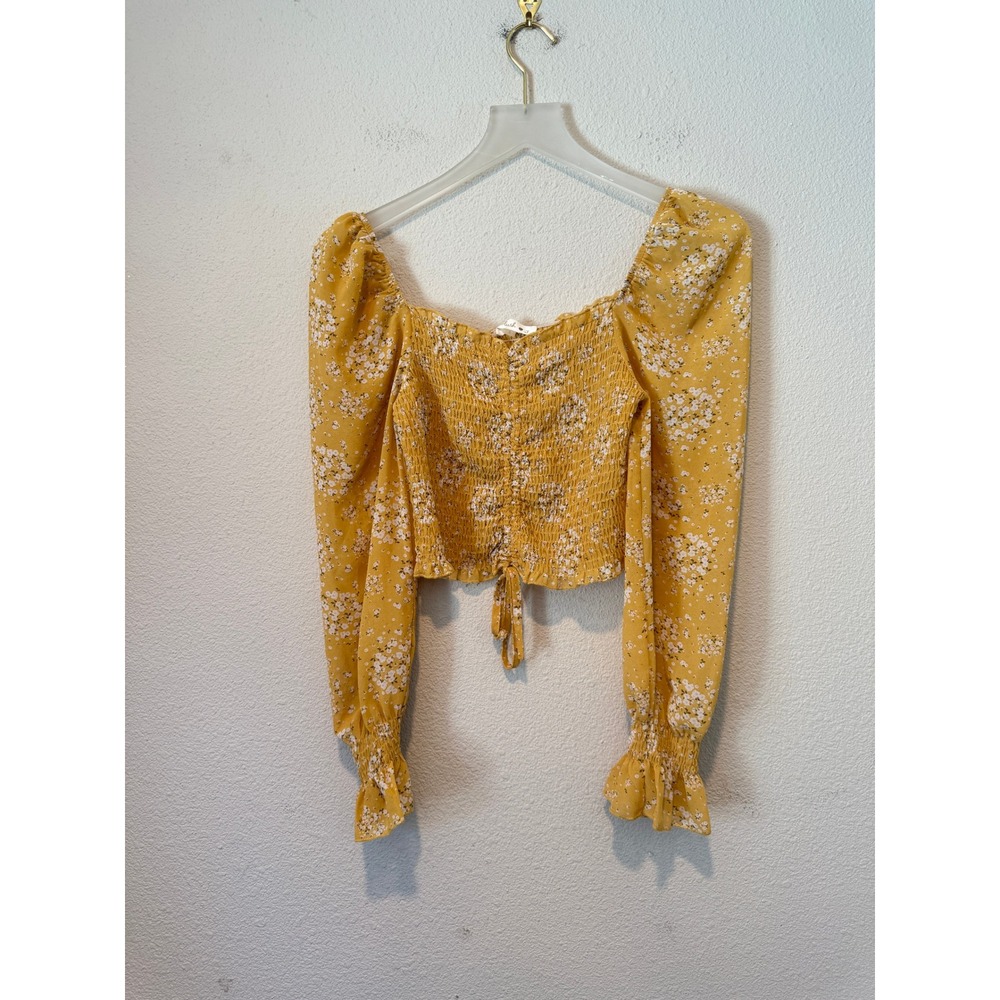 Blush J Mustard Yellow Floral Smocked Crop Top Long Sleeve Square Neck Small